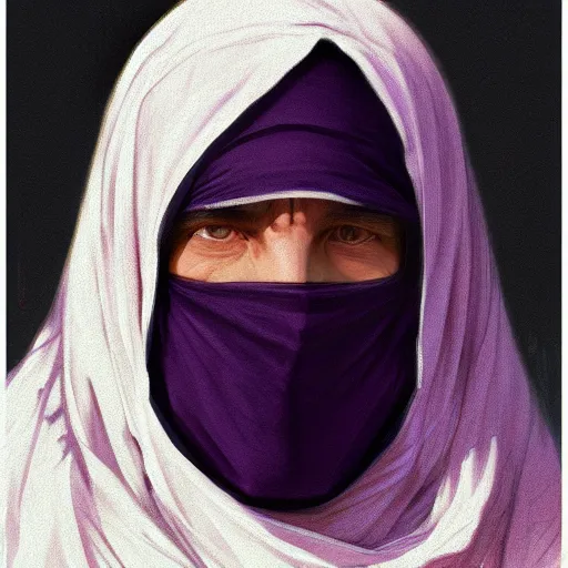 Image similar to ultra realistic illustration, man in a black hood, in a striped purple balaclava, mysterious, highly detailed, digital painting, artstation, concept art, smooth, sharp focus, illustration, art by artgerm and greg rutkowski and alphonse mucha