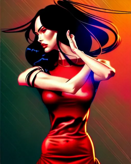 Image similar to artgerm, joshua middleton comic cover art, full body pretty megan fox holding a shotgun, red dress, symmetrical eyes, symmetrical face, long curly black hair, dark city background, cinematic lighting