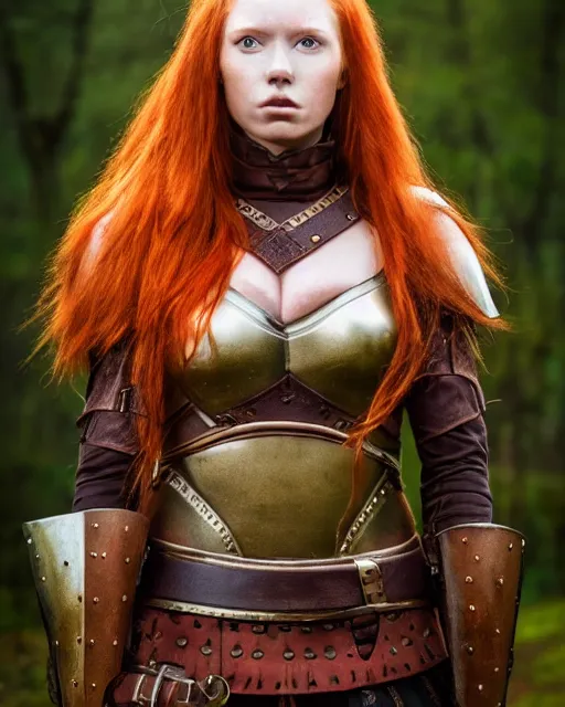 Prompt: north adult female warrior, red hair, ginger hair, long hair, fantasy, female Viking, high detailed, photography, cloudy, lightweight leather armour, Scandinavia, plain, detailed face, beautiful face, beautiful girl, look into the distance, professional model, glowing skin, serious face, full body,in full growth, professional photographer, masterpiece, 50 mm, extremely detailed, 8k, 3D