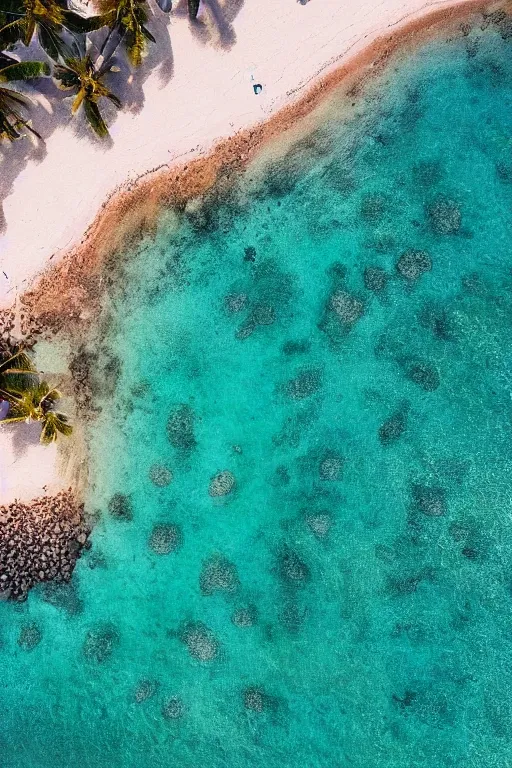 Prompt: Drone Photo of a Beach, turquoise water, calm, volumetric lighting, summer, Cinematic, award winning, highly detailed, photo print.