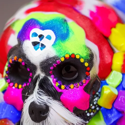 Prompt: a candy sugar skull havanese dog skull, mexico, day of the dead, close up photo, panasonic gh 6 6 0 mm bokeh