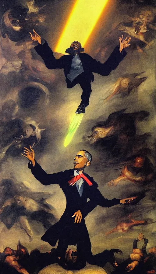 Image similar to obama is the highest ranking member of a highly advanced technological vampire cult, shooting lazer beams, hyperrealistic, surrealcore, lovecraftian, bright colours, 4 k by francisco goya