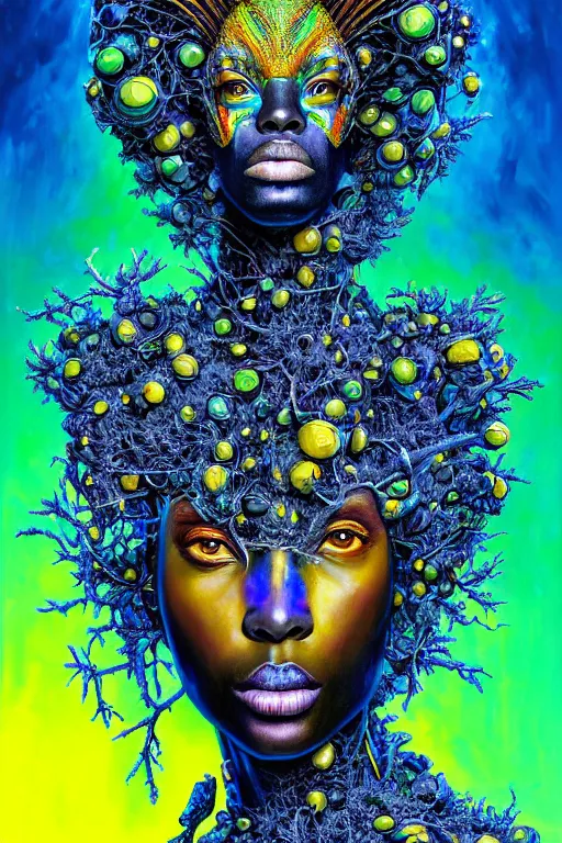 Image similar to hyperrealistic post-maximalist super expressive! black woman with exoskeleton armor, merging with tree in a forest, highly detailed digital art masterpiece smooth cam de leon hannah yata dramatic pearlescent blue yellow light ground angle hd 8k sharp focus