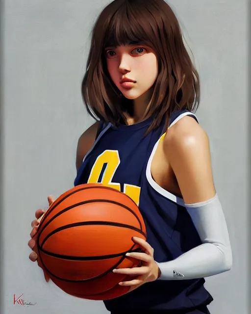 Image similar to A ultradetailed beautiful panting of a stylish girl wearing a basketball jersey, she is holding a basketball, Oil painting, by Ilya Kuvshinov, Greg Rutkowski and Makoto Shinkai