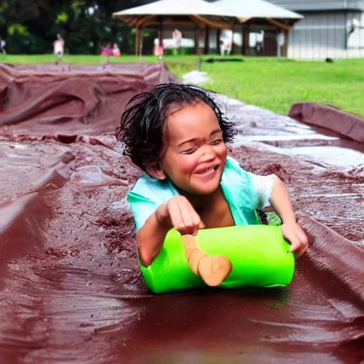 Image similar to kid sliding down chocolate pudding head first, slip n slide, photo taken at the park