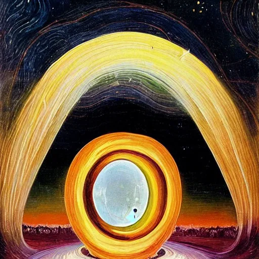 Image similar to A beautiful painting of a black hole. This hole appears to be a portal to another dimension or reality, and it is emitting a bright, white light. There are also stars and other celestial objects around it. 1990s by Augustus Edwin Mulready, by Grace Cossington Smith ornate