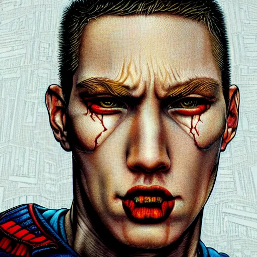 Image similar to portrait closeup of crazy eminem, symmetrical, by yoichi hatakenaka, masamune shirow, josan gonzales and dan mumford, ayami kojima, takato yamamoto, barclay shaw, karol bak, yukito kishiro