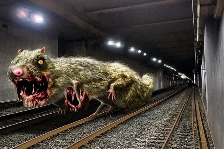 Image similar to very large giant mutant zombie irradiated ( angry rat ) staying on railways in tonnel of moscow subway. tonnel, railways, giant angry rat, furr, fangs, very realistic. extreme long shot, flash photography, anish kapoor, herman nitsch, giger.