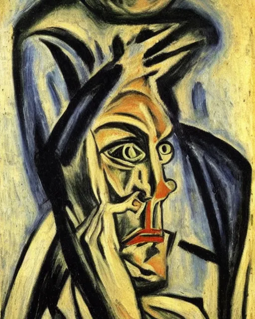 Image similar to Max Beckmann. El Greco. Van Gogh. Oil on canvas. Portrait of a demon.