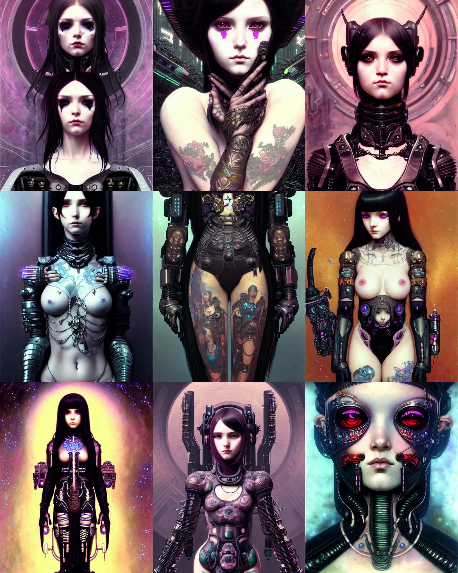 Prompt: portrait of beautiful cute cyberpunk goth maiden girl in tattoos in futuristic armor, high details, art by ( ( ( kuvshinov ilya ) ) ) and wayne barlowe and gustav klimt and artgerm and wlop and william - adolphe bouguereau