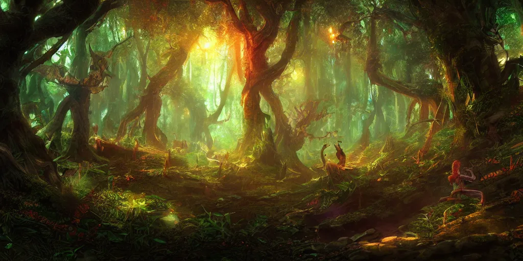 Image similar to beautiful fantasy elven forest, saturated, detailed lighting, high quality, sharp focus, intricate, digital painting, artstation, 4k