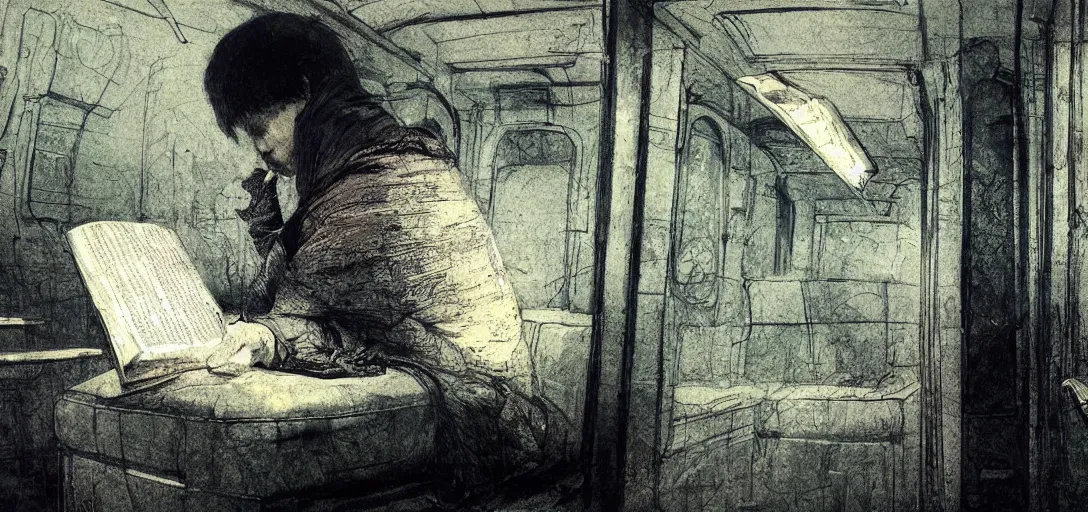 Image similar to an open book on a subway seat with ink bleeding out from the pages, by grimshaw, detailed, concept art