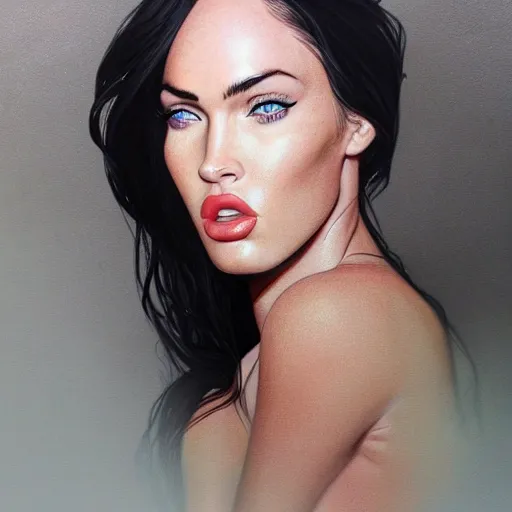 Image similar to megan fox closeup of face. using tongue to lick lips. hyperrealistic portrait, photo realistic, poster, artstation, volumetric lighting, digital art, very detailed face by magali villeneuve