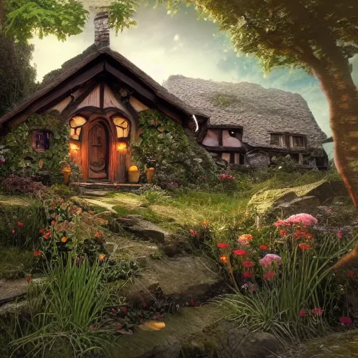 Prompt: a medieval hobbit house, ornate, beautiful, atmosphere, vibe, flowers, concept art illustration, color page, 4 k, tone mapping, doll, akihiko yoshida, james jean, andrei riabovitchev, marc simonetti, yoshitaka amano, digital illustration, greg rutowski, volumetric lighting, sunbeams, particles