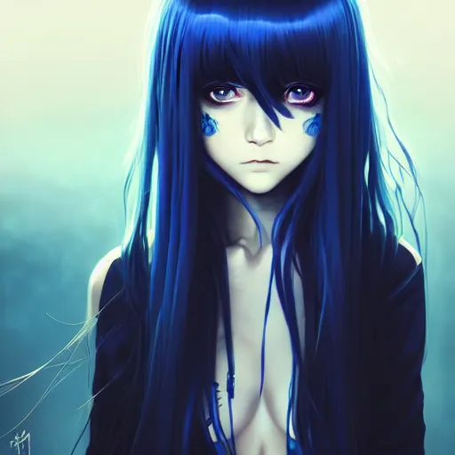 Image similar to attractive long blue - haired girl with bangs gothic anime character with amber eyes, noir, screenshot, anime, sharp focus, intricate, illustration, cell shaded, digital painting, highly detailed, concept art, matte, art by ilya kuvshinov, wlop, and greg rutkowski, studio quality, james jean, artem demura