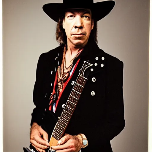 Image similar to Stevie Ray Vaughan, aged 68, studio portrait photo, studio lighting, 8k uhd lightroom, photo by annie leibovitz