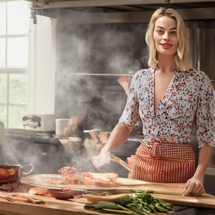 Prompt: portrait of Margot Robbie cooking while wearing kemben, by Charlotte Grimm, natural light, detailed face, CANON Eos C300, ƒ1.8, 35mm, 8K, medium-format print