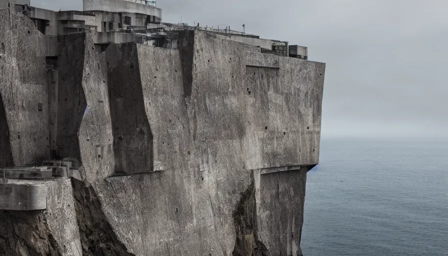 Prompt: coastal perched on a cliff overlooking a magnificient bay, imperial brutalist base, drawing architecture, ultra very long shot, top angle, imperial architecture in rogue one, pritzker architecture prize, brutalism architecture, jan urschel, greig fraser