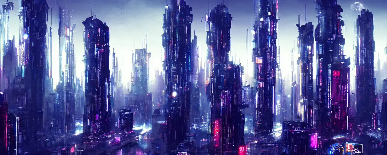 Prompt: A cyberpunk cityscape, by Tokujin Yoshioka, landscape, dramatic lighting, high contrast colors, panoramic view, as trending on Artstation, highly detailed,