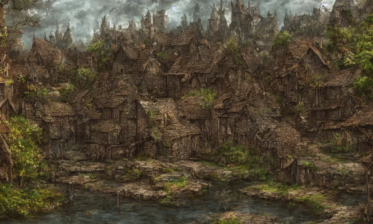 Image similar to a medieval village, palisade, swamp, digital art, illustration, fantasy