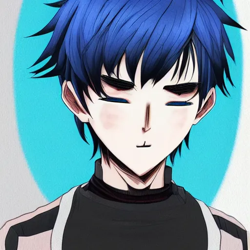 Image similar to anime boy with white hair and blue highlights, drawn by Fungzau