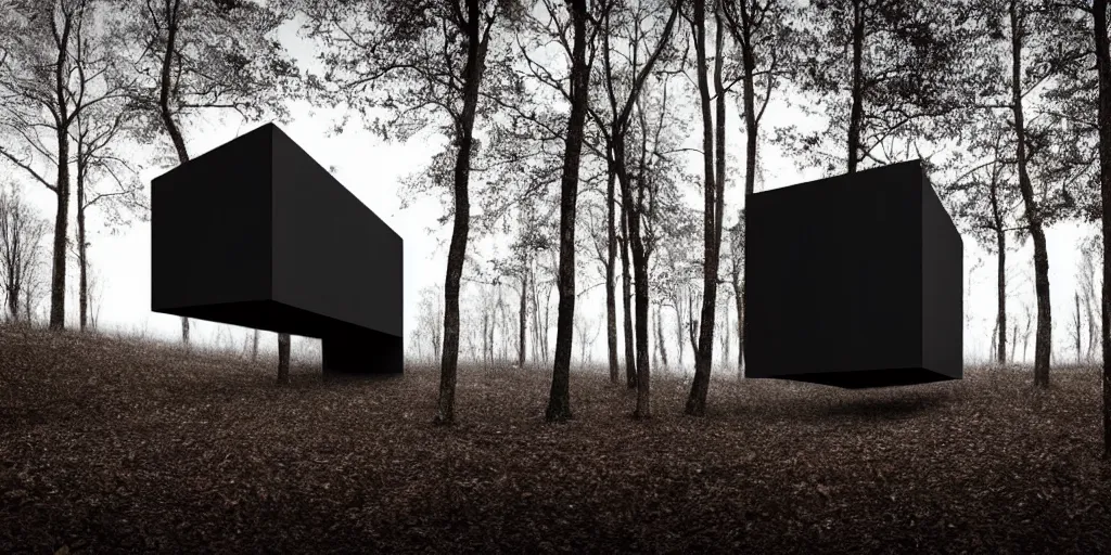 Image similar to a black cube minimalist house in the woods and empty woods, 8k, fantasy, hyper realistic, dramatic lighting, cinematic