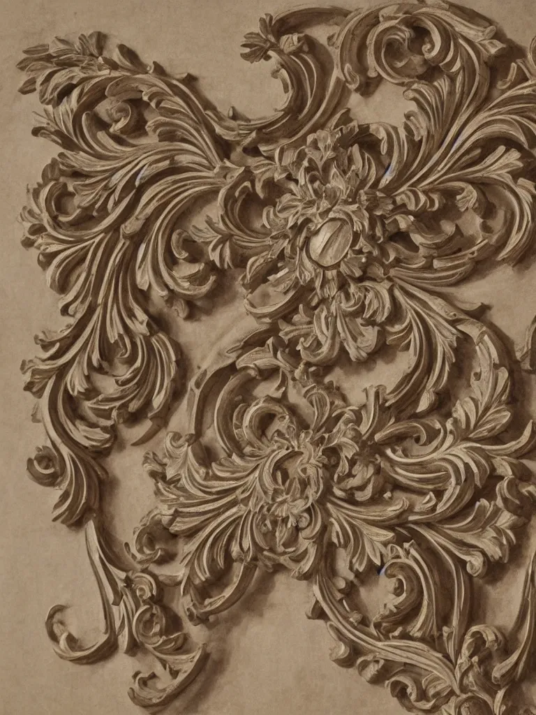 Prompt: a beautiful and masterful engraving decorative ornamental emblem, acanthus, floral, acroteria, arabesque, bead and reel, beams, bocage, cartouche, caulicoli, dentils, eagle, rendered in octane