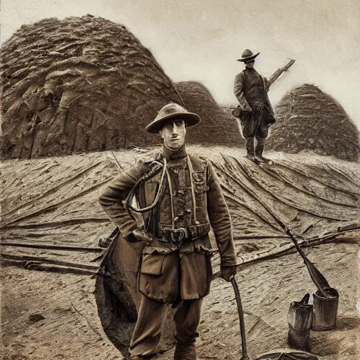 Image similar to ultra detailed photorealistic sepia - toned photograph from 1 9 1 7, a british officer in field gear standing at an archaeological dig site in wadi rum, ultra realistic, painted, intricate details, lovecraft, atmospheric, dark, horror, brooding, highly detailed, by angus mcbride