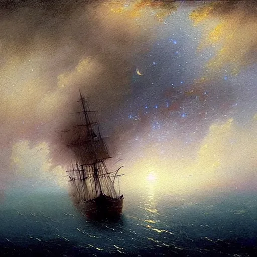 Image similar to sailing ship, cosmic nebula!!!!!!!!!!!!!, artstation, by andrea rocha, by ivan aivazovsky, by john harris, impressionism, watercolor, dramatic scenery, hdr