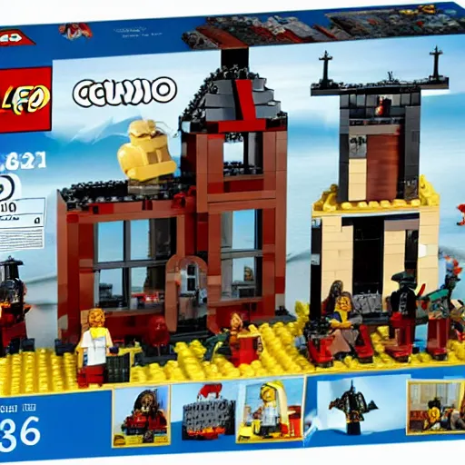 Prompt: Salem witch trial Lego set, burn the witch, witch burning, large Lego set box