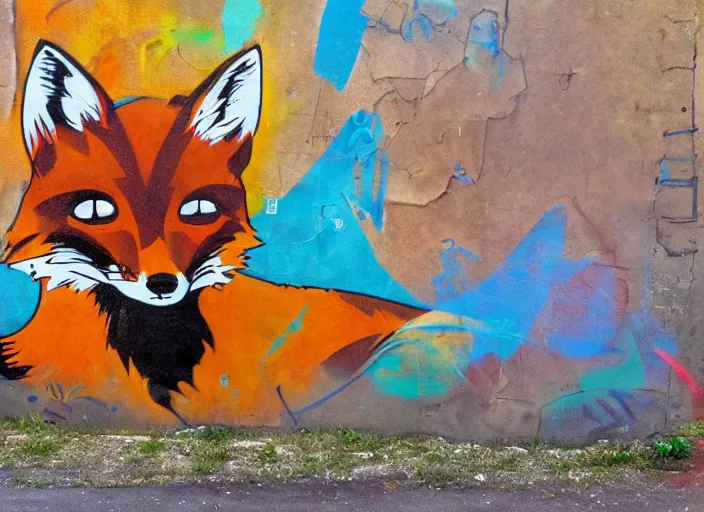 Image similar to fox graffiti, dirty wall, alley, impressive, colorful, photograph