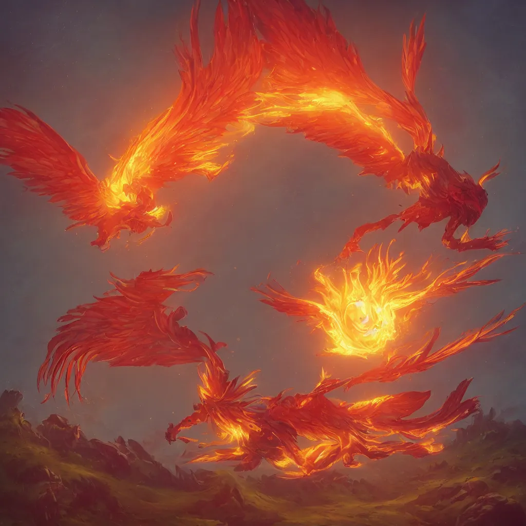 Prompt: art of a phoenix from dota 2. diving into battle, phoenix blasts enemies and heals allies with rays of solar flame. when the time is right, it can become a burning sun to scorch nearby foes before unleashing a stunning detonation that also restores phoenix to full strength. art by simon stalenhag