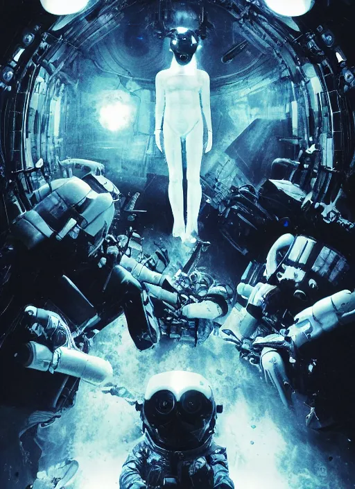 Prompt: astronauts in dark and void underwater - complex and hyperdetailed suit. reflection and dispersion materials. rays and dispersion of light. volumetric light. 5 0 mm, f / 3 2. noise film photo. flash photo. ultra realistic, poster by wayne barlowe, hajime sorayama aaron horkey, craig mullins, smooth plastic