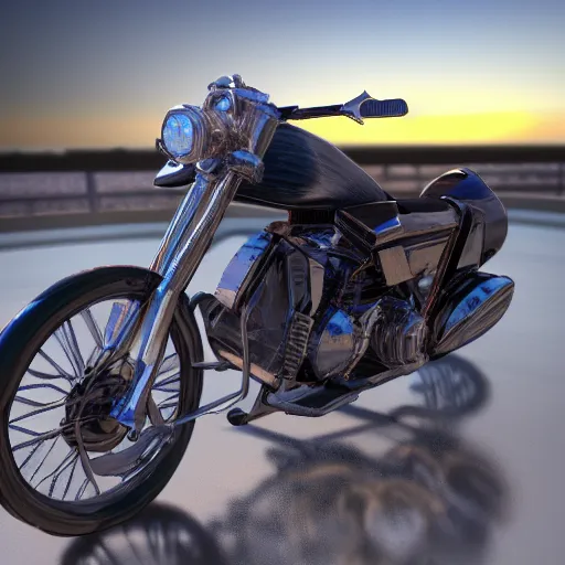 Prompt: motorcycle by christopher pearase on artstation, stunning volumetric light, sunset, metal and glass and translucent material, stunning sky, 8k