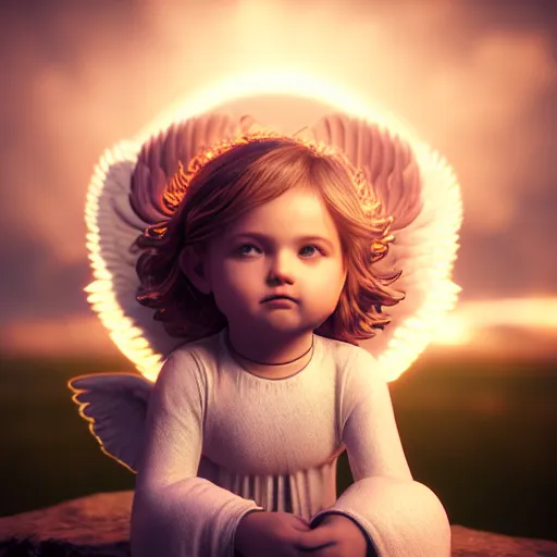 Image similar to photo of cute angel with a halo sitting on a cloud, ultra realistic, concept art, intricate details, highly detailed, photorealistic, octane render, 8 k, unreal engine,