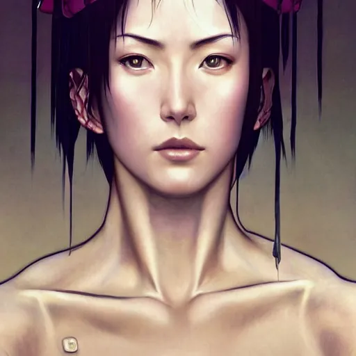 Image similar to Masterpiece head and shoulder portrait of Major Motoko Kusanagi from Ghost in the Shell drawn by Donato Giancola and Tom Bagshaw, face by Artgerm and Edmund Leighton, Alphonse Mucha, background by James Jean and Gustav Klimt, 4k, porcelain skin, komorebi, french nouveau, trending on pixiv, octane render, hyperrealistic