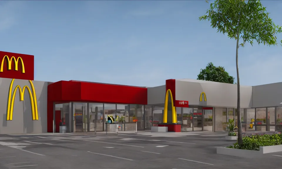 Image similar to exterior shot of a mcdonalds, abstract architecture, archviz, render, highly detailed, 4 k, surrealistic, ultra realism