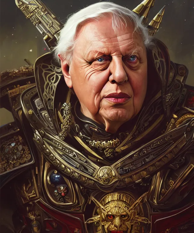 Image similar to Sir David Attenborough as Warhammer 40k Emperor, portrait, fantasy, intricate, elegant, highly detailed, digital painting, artstation, concept art, smooth, sharp focus, illustration, art by artgerm and greg rutkowski and alphonse mucha