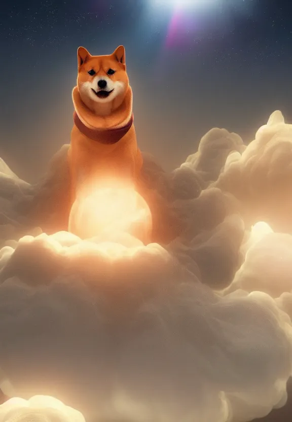 Image similar to a portrait of a shiba inu wearing a robe in heaven, circular, glowing, circle, unreal engine, octane render, artstation, digital art.