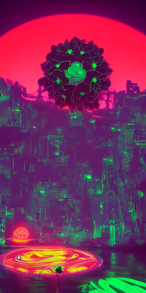 Image similar to humongous technologic flower on a neon planet, spooky, retrowave, art by karl marx, smooth, beautiful art, masterpiece, artistic landscape, cinematic, wet reflections, ray tracing x, rtx, smooth