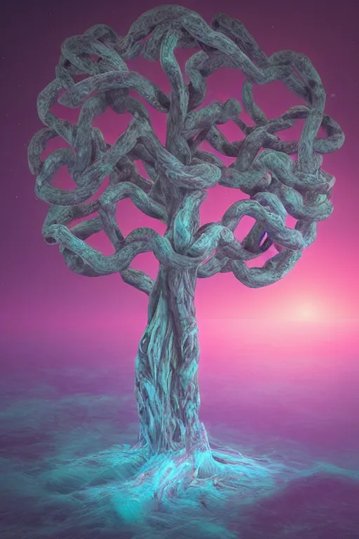 Image similar to a ancient knotted tree connected to space and time, calm, tranquil, faded effect, detailed, vaporwave colors, render by substance designer,