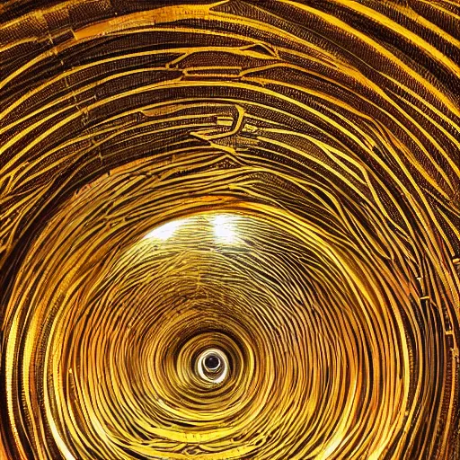 Image similar to vivid illustration of a person choosing between tunnels inside a highly intricate torus with detailed golden ornamentation and golden light, choosing between pathways