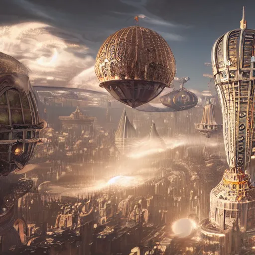 Image similar to enormous flying city in a faberge egg, sky, steampunk, fantasy art, unreal engine