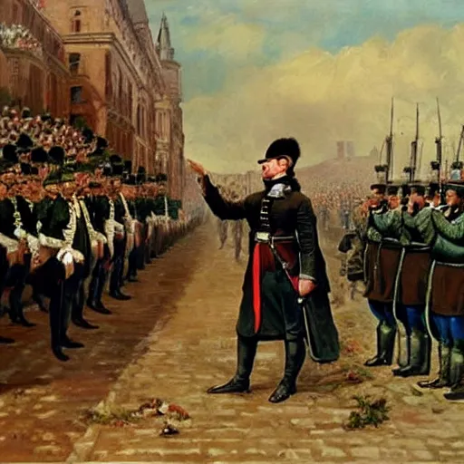 Image similar to pepe the frog saluting prussians soldiers in 1864, military parade, uncroped, expressive oil painting