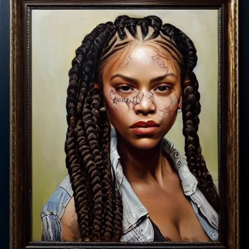 Prompt: a painting of a woman with braids on her hair, a photorealistic painting by Tim Okamura, cgsociety, figurative art, detailed painting, hyper realism, oil on canvas