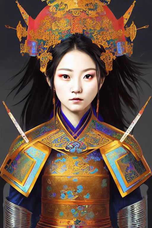 Image similar to beautiful and divine and holy and elite and colorlpunk three kingdom chinese female armor knight portrait like twice tzuyu+shinnyy eyes+front face with light flowing hair, ultradetail face, art and illustration by tian zi and craig mullins and WLOP and alphonse mucha, fantasy, intricate complexity, human structure, human anatomy, fantasy character concept, watermark, blurry, hyperrealism 8k