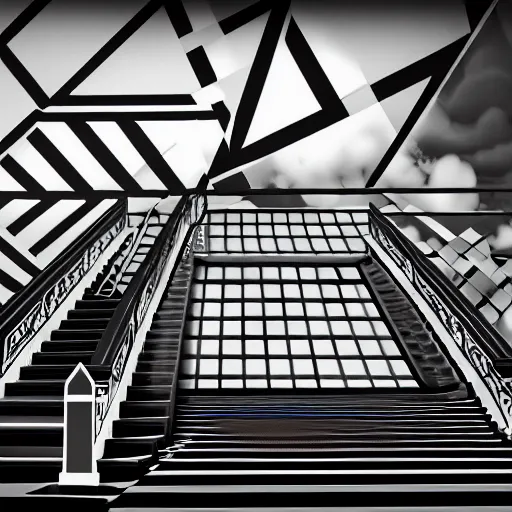 Image similar to A black and white freemasonic chequered surrealist digital painting of a stairway to into the clouds in the art style of jeff koons, Gilbert williams, Edwin Frederic Church and Christopher Balaskas, trending on artstation, 4k UHD