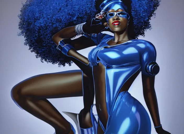 Prompt: a black woman with blue hair wearing a futuristic outfit by greg hildebrandt, trending on behance, afrofuturism, futuristic, airbrush art, future tech