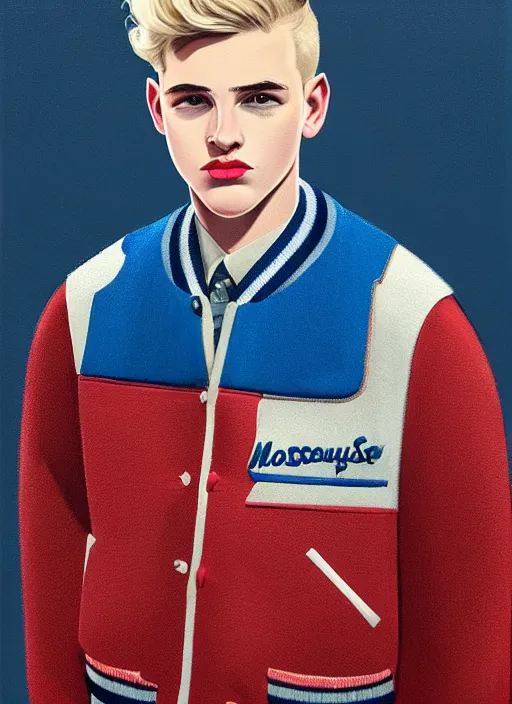 Image similar to portrait of a high school senior boy named moose mason, blonde short hair, jock, beefy, square jaw, square facial structure, 1 9 5 0 s, blue varsity jacket, intricate, elegant, glowing lights, highly detailed, digital painting, artstation, concept art, smooth, sharp focus, illustration, art by wlop, mars ravelo and greg rutkowski