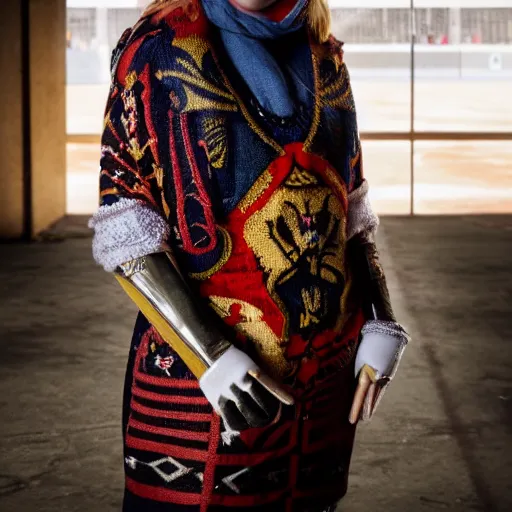 Prompt: blonde mom in a hockey arena wearing medieval tapestry as clothing, shallow depth of field, moody lighting, single point of light, 8 k, ultra realistic, in the style of martina fackova,